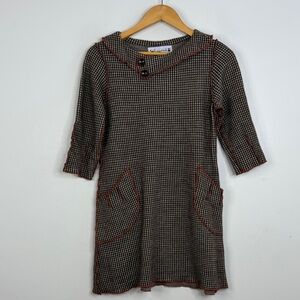 Handmade Sweater Dress Womens Small Medium Brown Houndstooth Wool Stretch Retro